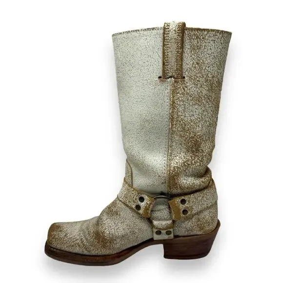 FRYE Harness 12R Leather Belted Western Moto Crackle White Square Toe 7 Women’s